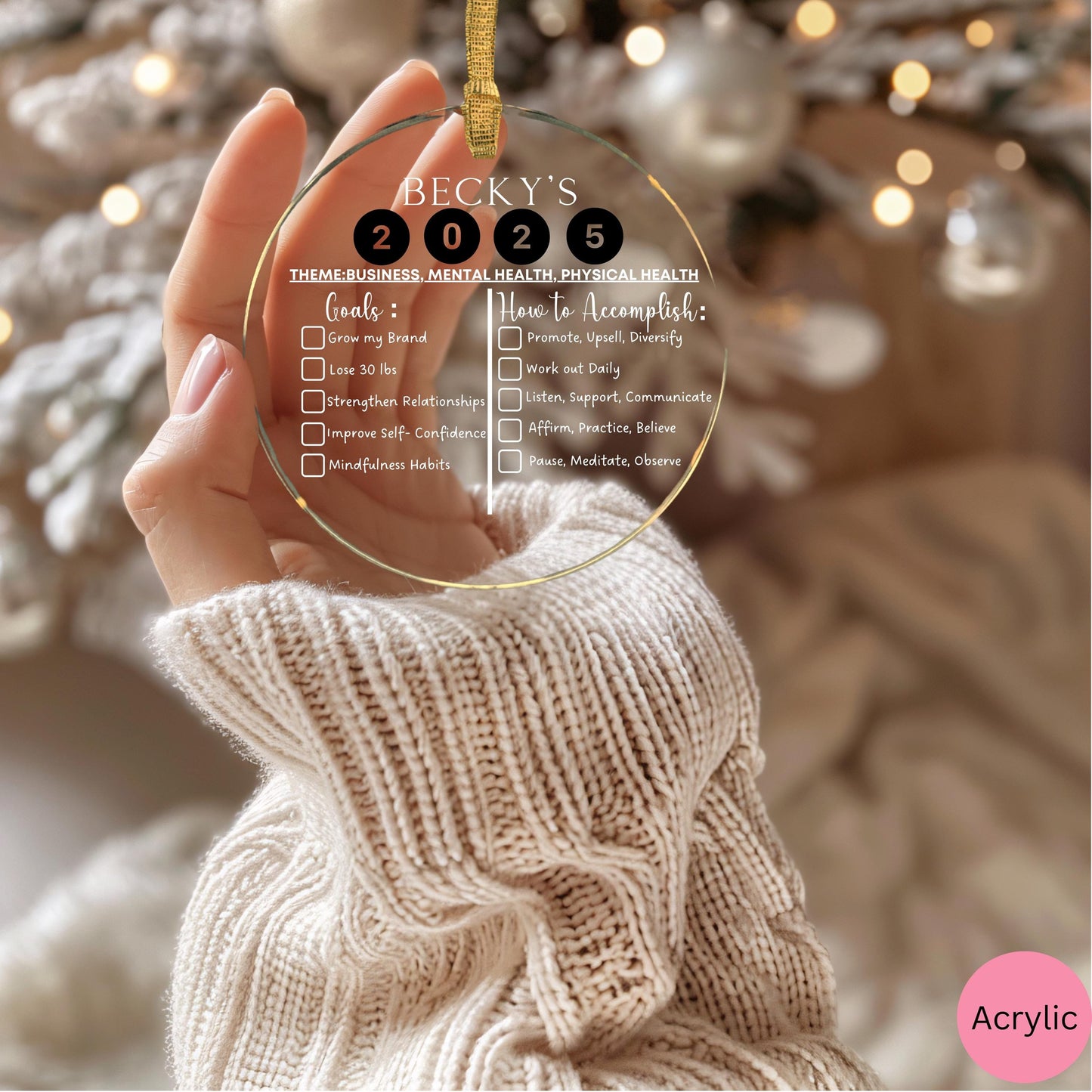 Personalized New Year 2026 Ornament, New Year resolutions gift, personal goals ornament with check mark, happy new year ornament
