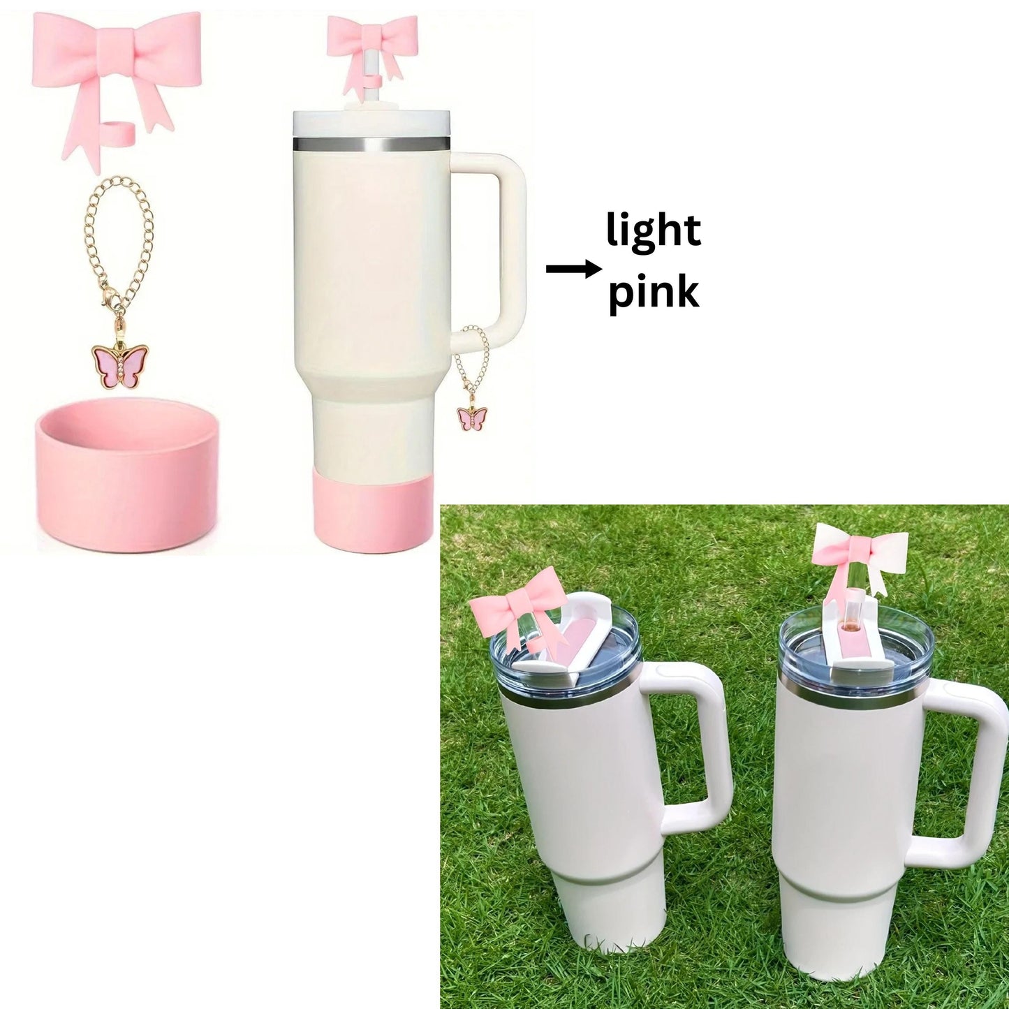 3 Pcs 40 oz tumbler accessories, coquette bow straw topper, handle charm and tumbler boot, cute tumbler charms, birthday gift for her