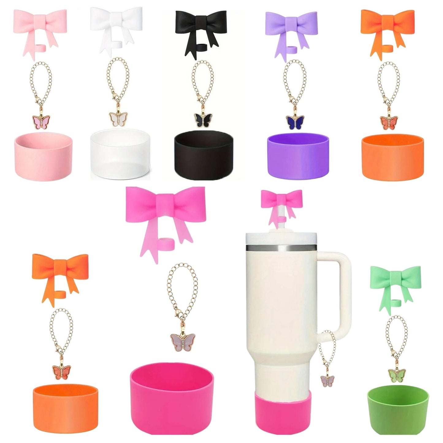 3 Pcs 40 oz tumbler accessories, coquette bow straw topper, handle charm and tumbler boot, cute tumbler charms, birthday gift for her