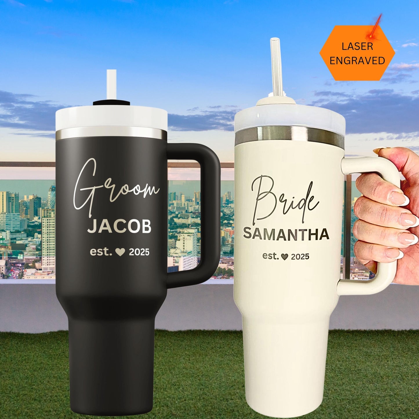 Personalized Bride Groom tumblers, engraved 40oz personalized tumbler cup for bride, groom tumbler, coquette bow topper and boot accessories