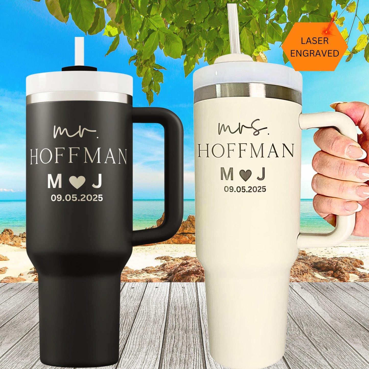 Bride & Groom Tumblers custom, engraved 40oz personalized bride tumbler cup, personalized groom tumbler, coquette bow topper and boot