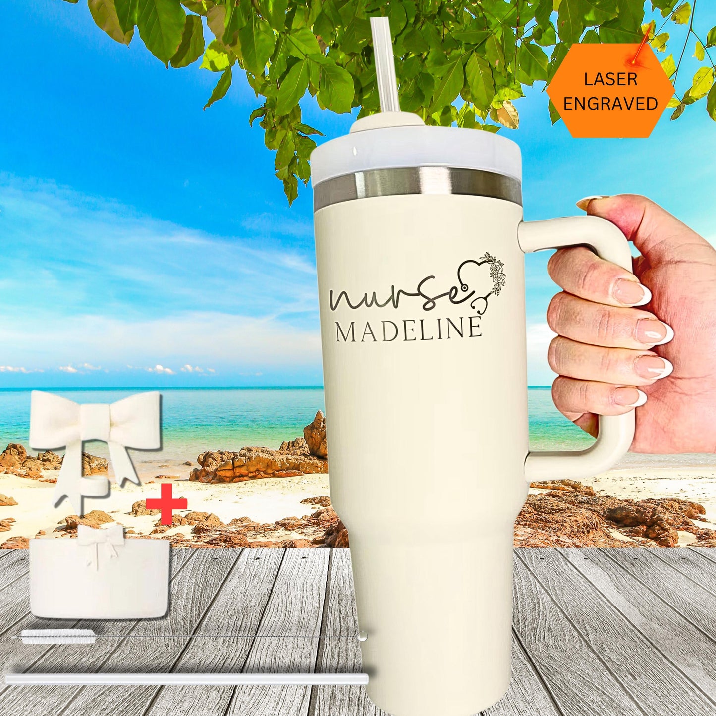 Personalized nurse tumbler, laser engraved tumbler cup for nurse, coquette tumbler with straw topper & boot, custom nurse appreciation gift
