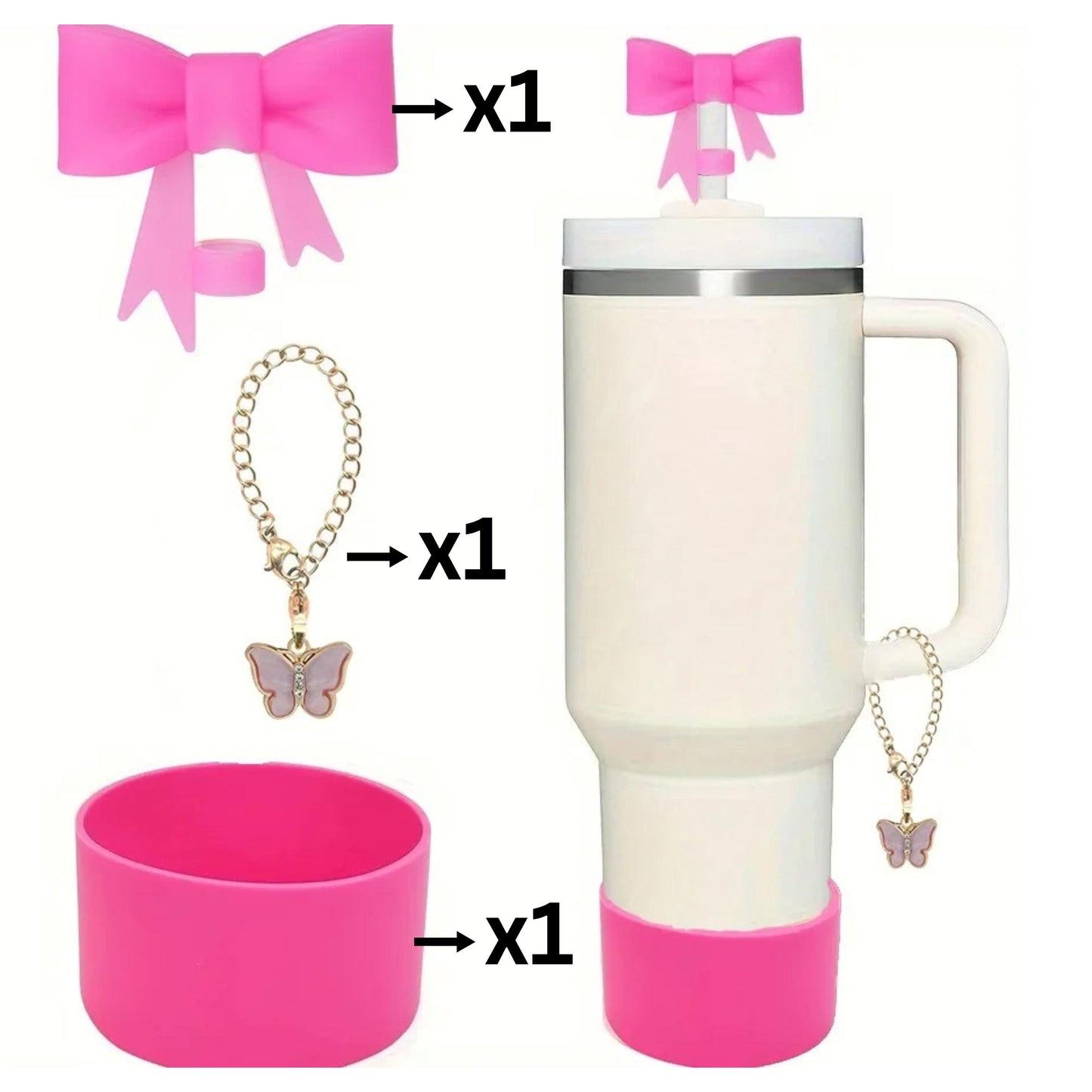 3 Pcs 40 oz tumbler accessories, coquette bow straw topper, handle charm and tumbler boot, cute tumbler charms, birthday gift for her
