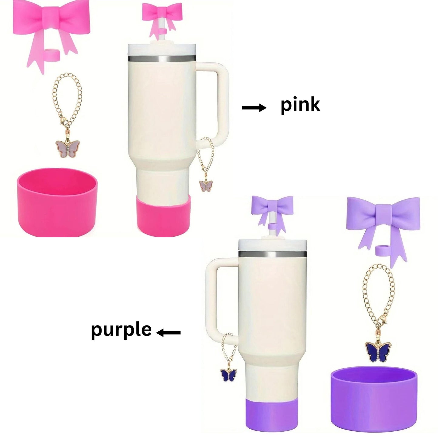 3 Pcs 40 oz tumbler accessories, coquette bow straw topper, handle charm and tumbler boot, cute tumbler charms, birthday gift for her
