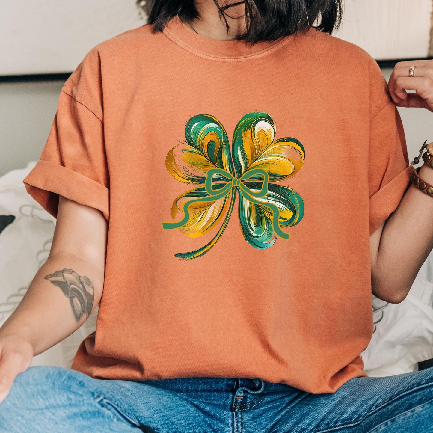 Comfort colors shamrock shirt, Coquette bow St Patricks day tshirt, shamrock tshirt gift st paddys, cute brush stroke bow shirt gift for her