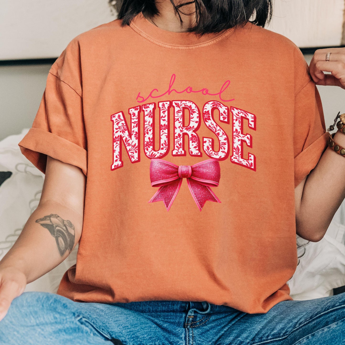Coquette Comfort Colors School Nurse Shirt, toile de jouy RN shirt,appreciation gift nurse, Cute bow nursing school shirt, nurse graduate