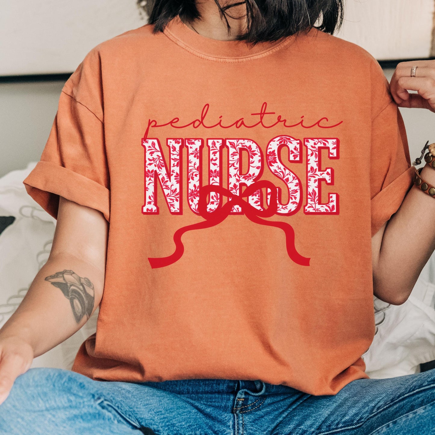 Coquette Comfort Colors pediatric nurse shirt, toile de jouy RN shirt, appreciation gift for pediatric nurse, nursing school cute bow tshirt