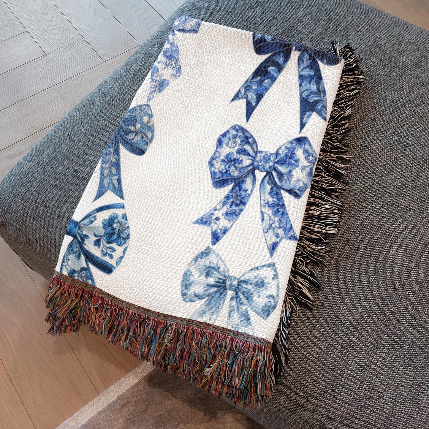 Toile De Jouy Woven Blanket with bows, Tapestry Blanket gift for friend, gift for mom, beach picnic blanket, coquette woven throw blanket