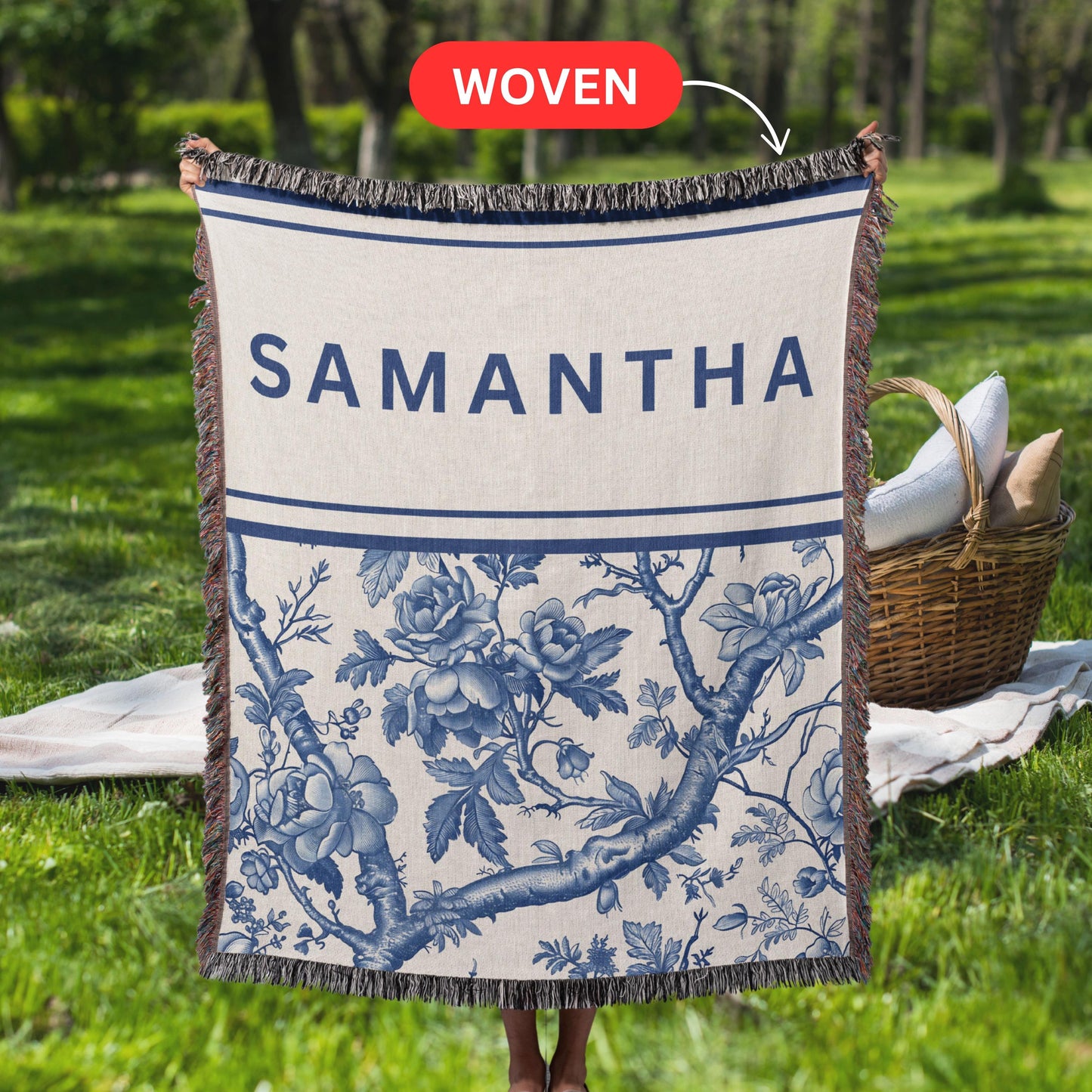 Toile De Jouy Woven Blanket, Custom Tapestry Blanket gift for friend, blanket gift for mom, floral blanket with name, woven throw blanket