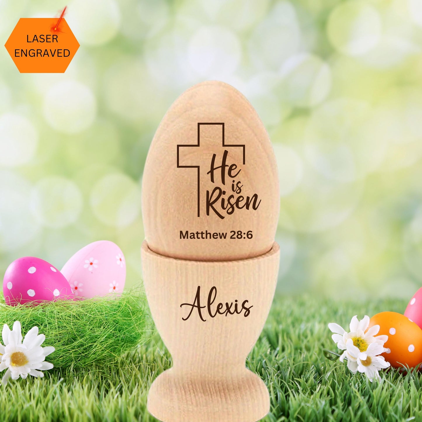 Personalized Wooden Easter Egg, He Is Risen gift, Engraved Wooden Egg, Easter egg hunt, Custom Wood Egg, Christian Easter Gift Basket Filler