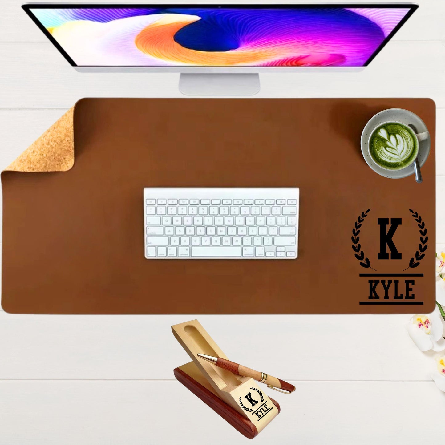 Personalized Leather Desk Mat Wooden Pen Set, Large Custom Engraved Mouse Pad, Coworker Birthday Gift, Work Boss Office Gifts, Gift for Him