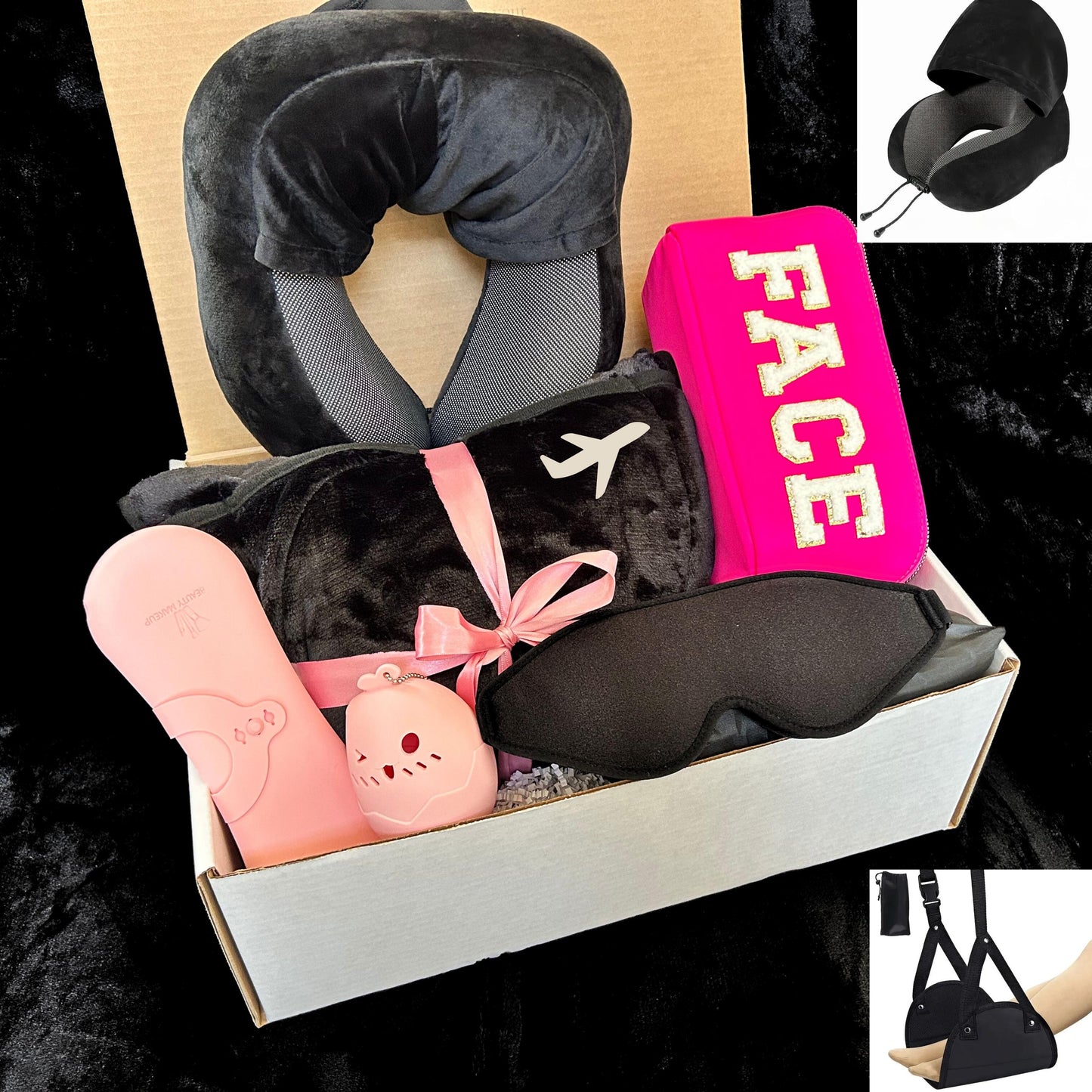 Travel Gift Box Set, Long flights Comfort Traveling Essentials, Airplane Neck Pillow with hoodie, Full time traveler blanket gift for her
