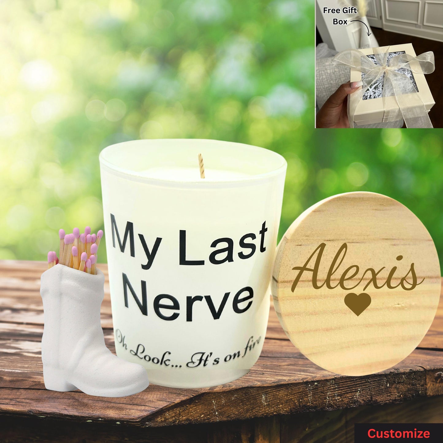 Custom Last Nerve Candle, Funny Soy Candle & Match Holder Set, Personalized Lavender Scented Candle for Mom, Best Friend Birthday Gift