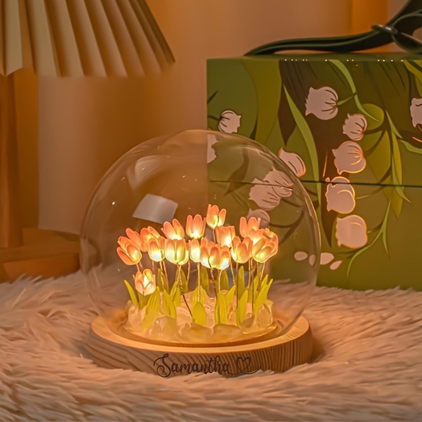 Personalized Tulip Night Light, Mothers Day Gift for Mom,Flower Lamp with Custom engraved Wooden Base, Home Decor, Romantic Birthday Gift