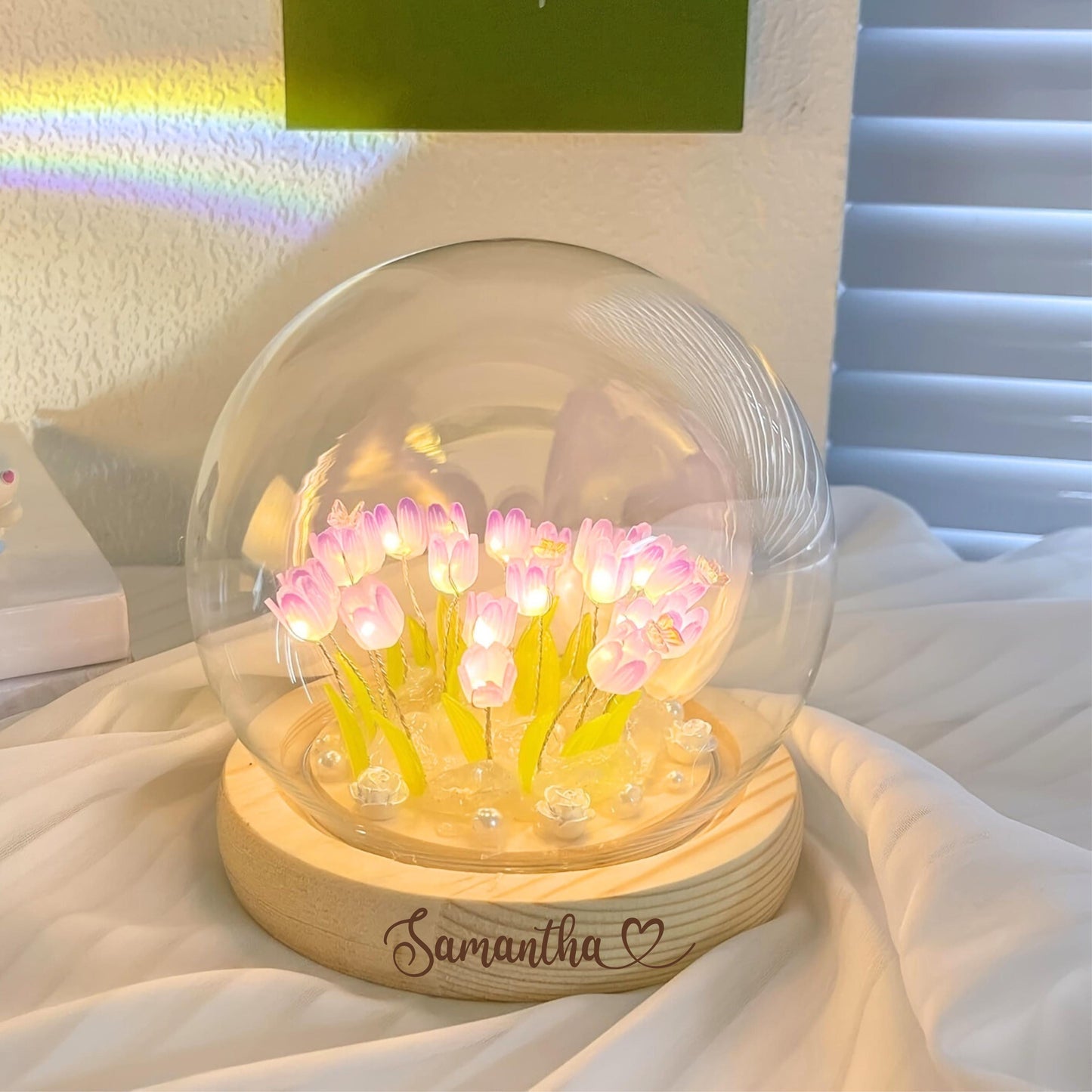 Personalized Tulip Night Light, Mothers Day Gift for Mom,Flower Lamp with Custom engraved Wooden Base, Home Decor, Romantic Birthday Gift