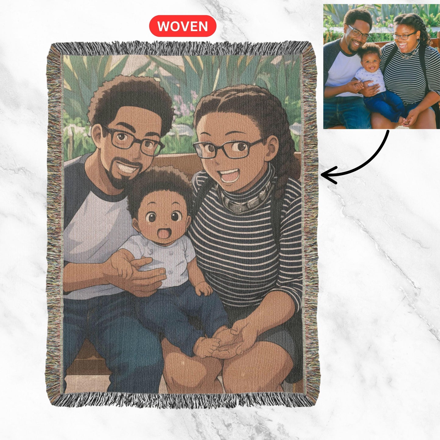 Personalized Woven Photo Blanket, Cartoon Portrait Blanket tapestry, Photo to Cartoon Throw Blanket, Custom Gift for Bride, Gift for Grandma