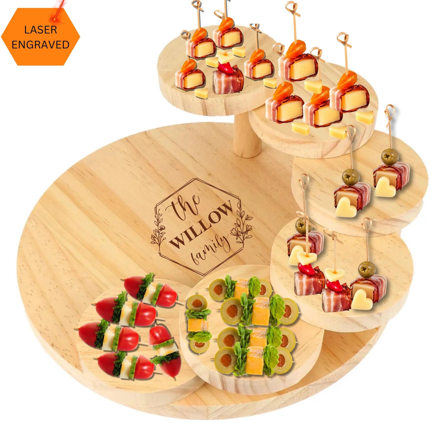 Personalized Tiered Charcuterie board, Bamboo Sushi Tray, Custom Wooden Desert display stand Platter, New Home Gift, Wedding Gift Couple