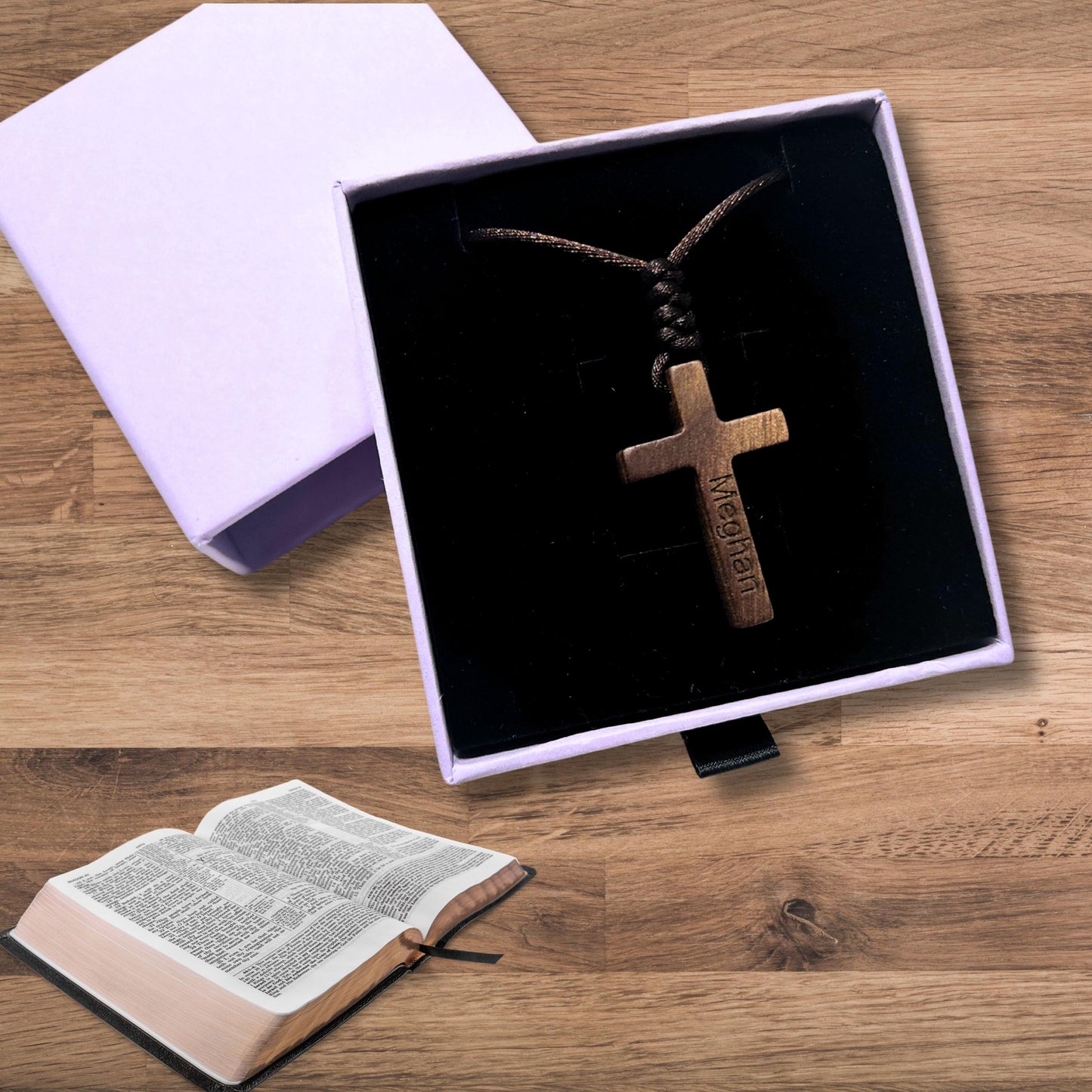 Custom Walnut Wood Cross Necklace, Personalize Engraved Christian Jewelry GiftBox, Wooden Cross Pendant for Women and Men, Confirmation Gift