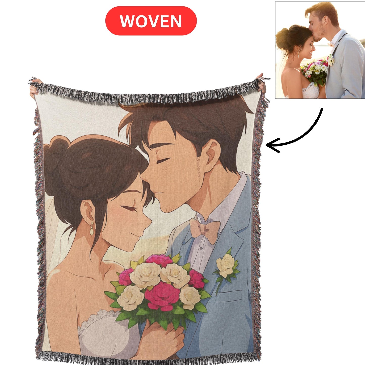 Custom Photo Woven Blanket, Cartoon Portrait Blanket tapestry, Photo to Cartoon Throw Blanket, Custom Gift for Married Couple, Wedding Gift