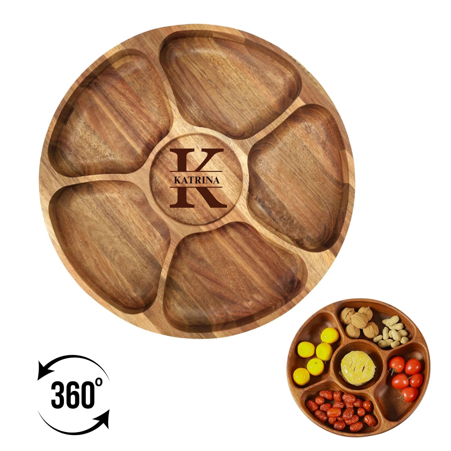 Personalized Rotating Lazy Susan Serving Tray, Custom Acacia Wood Dessert Organizer, Appetizer Platter, Chips and Dip Hosting Gift New Home