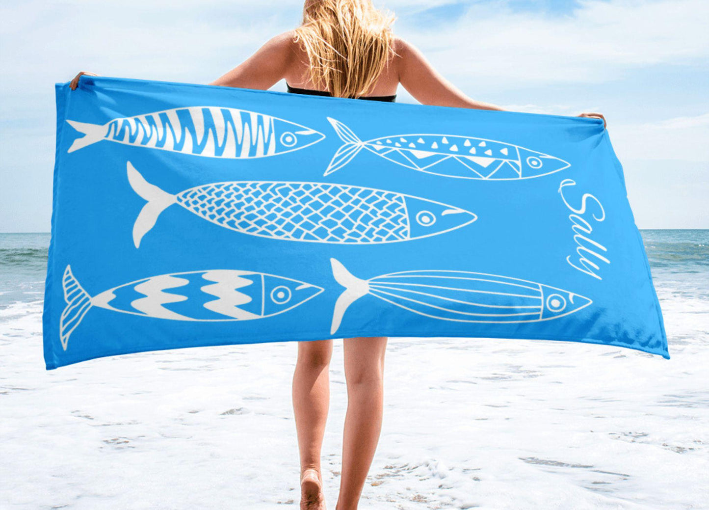 Personalized Beach Towel, Sardines Towel, Bachelorette Party Gift, Custom Pool Party Towels, Bridesmaid Girls Trip Vacation Gift, Fish towel