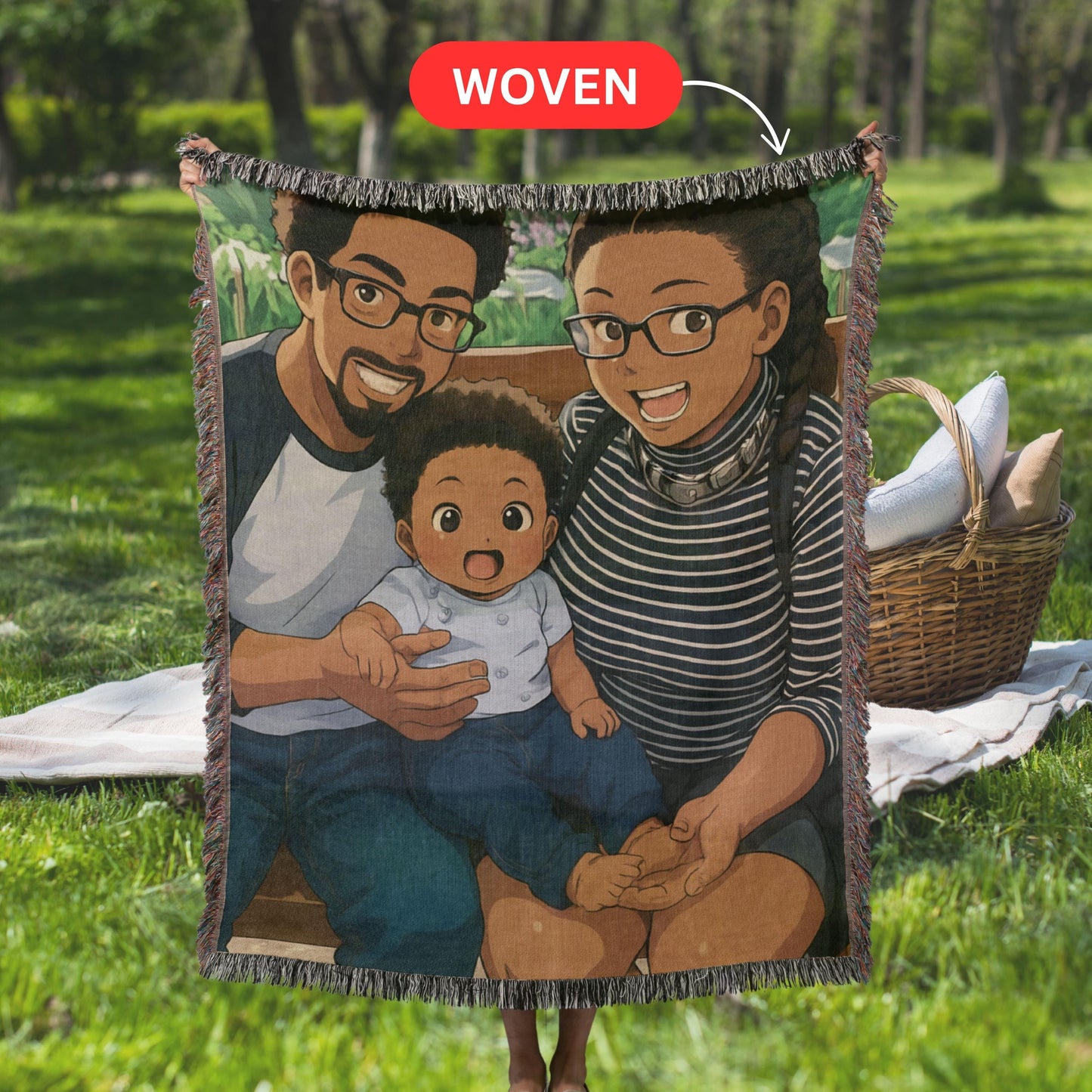Personalized Woven Photo Blanket, Cartoon Portrait Blanket tapestry, Photo to Cartoon Throw Blanket, Custom Gift for Bride, Gift for Grandma