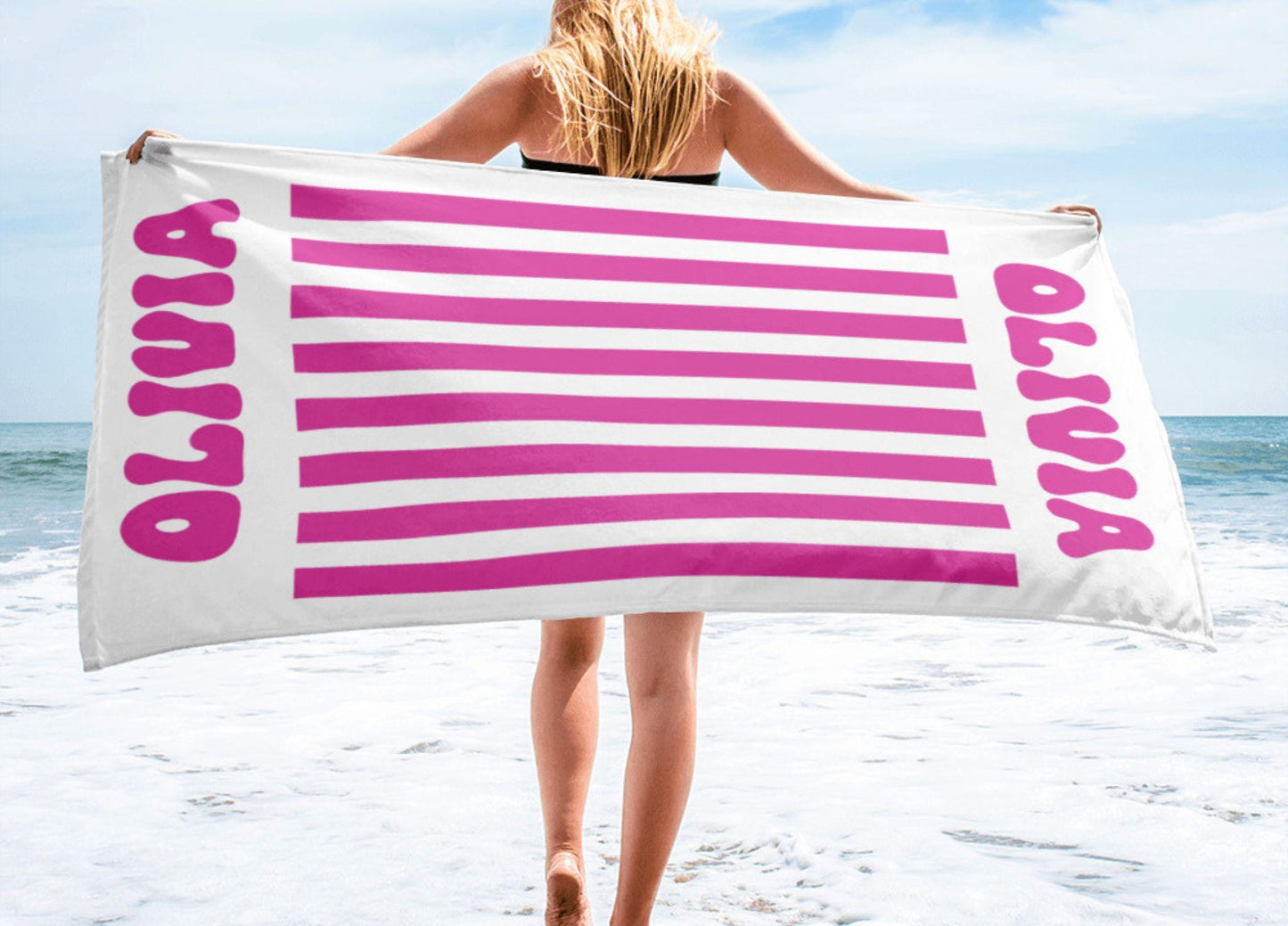 Custom Beach Towel, Personalized Striped Beach Towel, Camp Bachelorette Party Gift, Pool Party Towels, Bridesmaid Girls Trip Vacation Gift