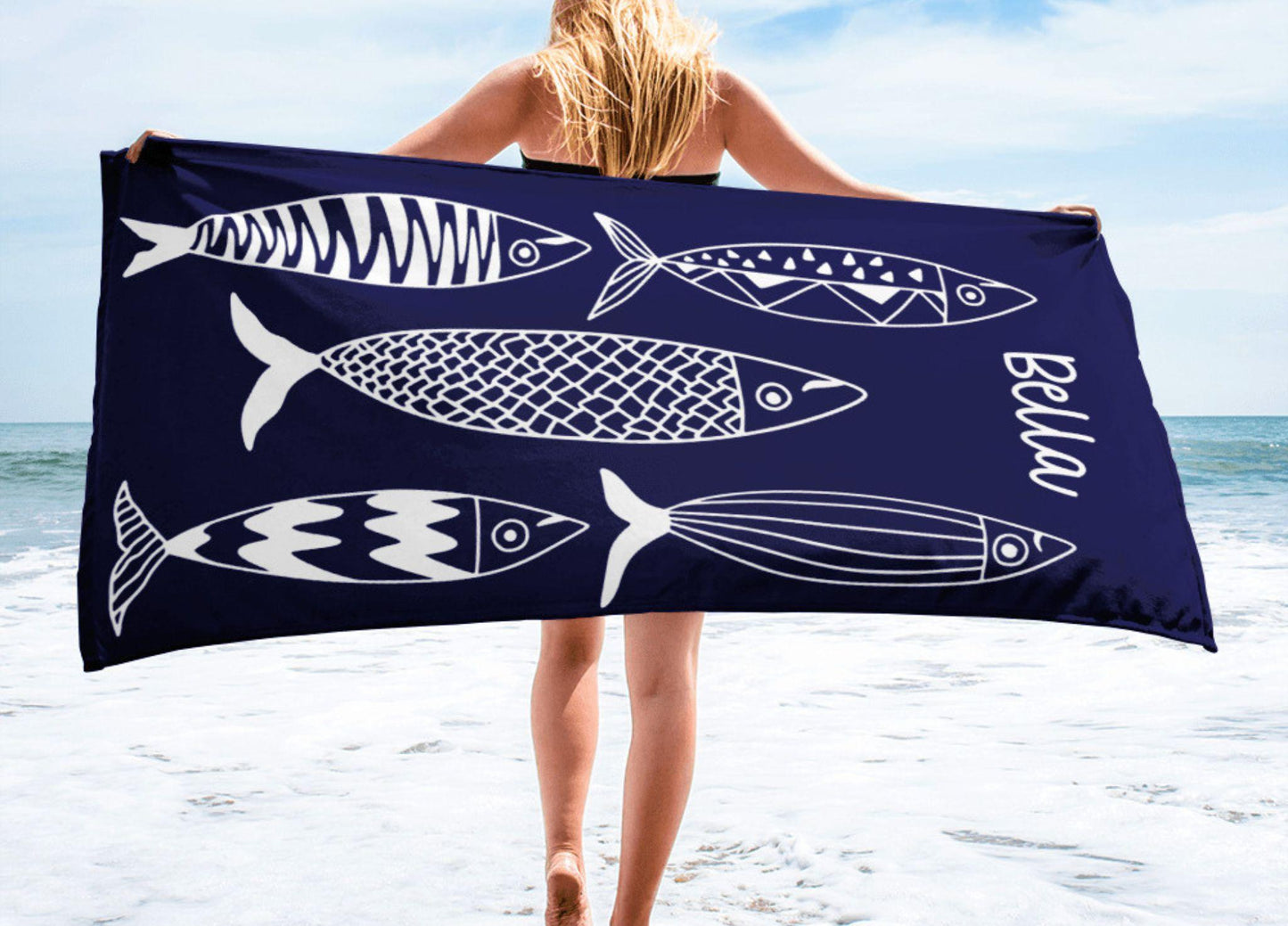 Personalized Beach Towel, Sardines Towel, Bachelorette Party Gift, Custom Pool Party Towels, Bridesmaid Girls Trip Vacation Gift, Fish towel