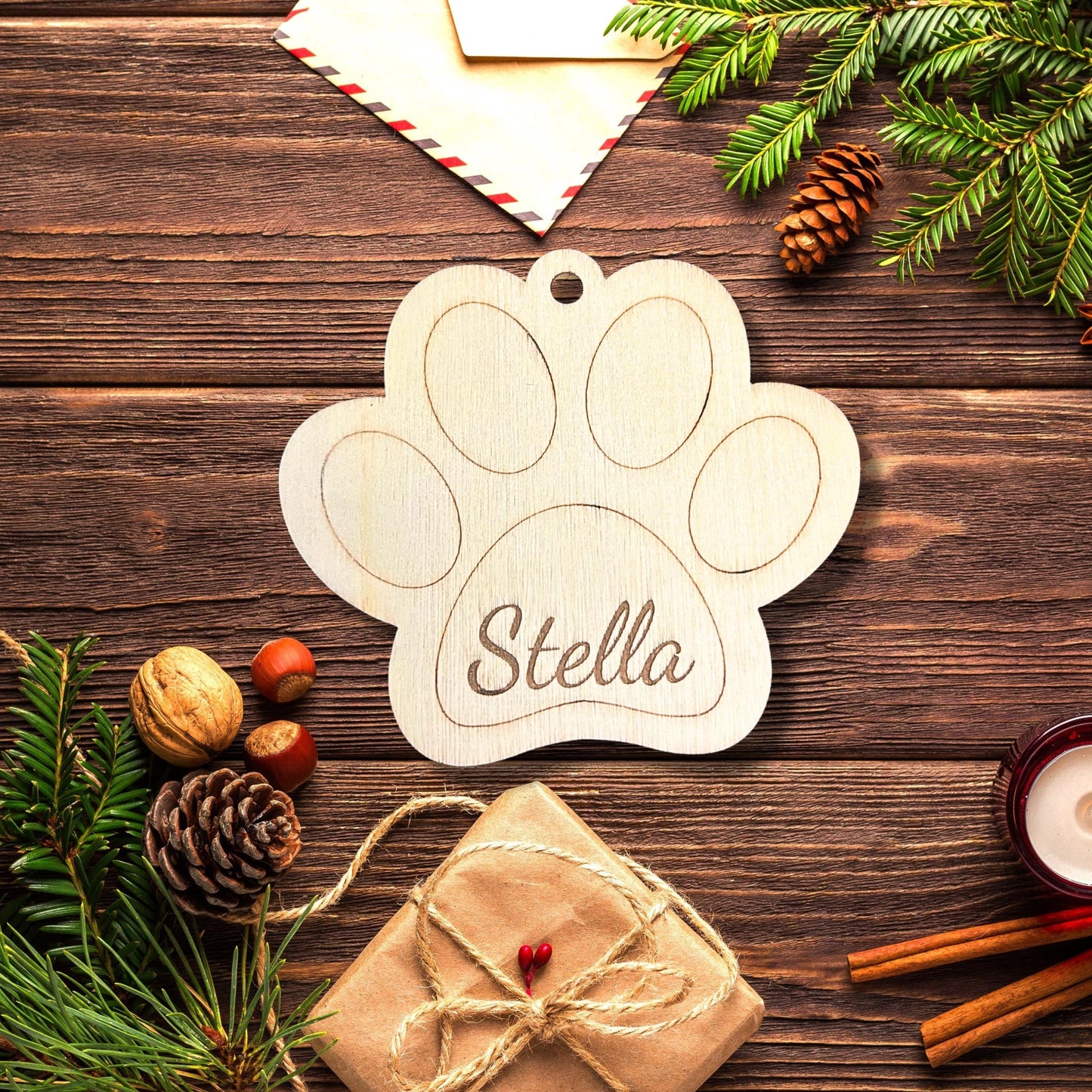 Engraved Pet Paw Ornament, Personalized Dog or Cat Name Memorial, Wooden Christmas Keepsake for Pet Lovers, Dog Paw Ornament