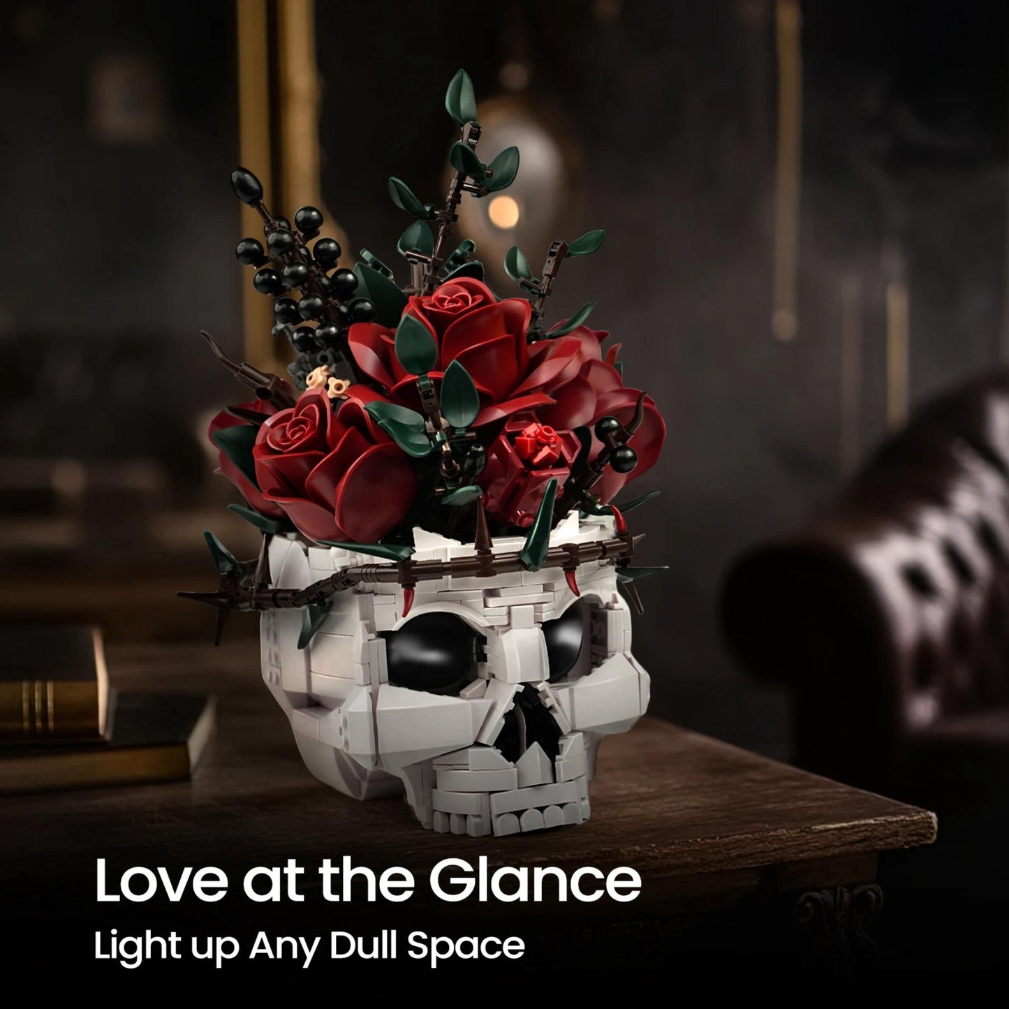 Personalized Skull Rose Bouquet Building Set with Coffin Shaped Wood Ornament & twine Gothic Halloween Decor, Till Death Do Us Part
