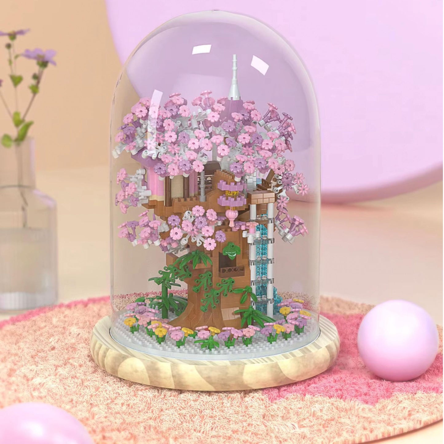 Cherry Blossom Tree House Building Set with Personalized Wooden Base Artificial Flowers Kit with Lights & Dome Cover