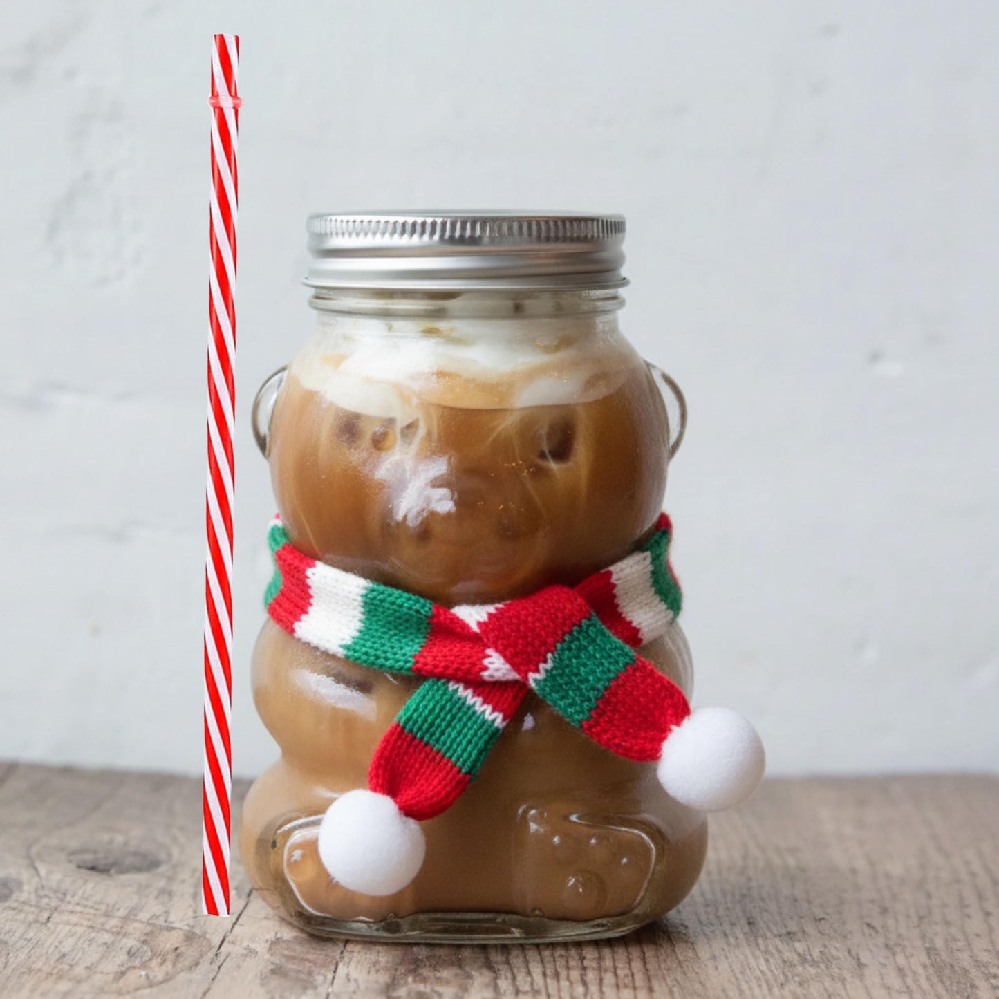 Custom Bear Shaped Coffee Cup, Personalized Bear Glass Mug with Custom Lid, Knit Hat & Scarf, Iced Coffee Cup with Straw for coffee lovers