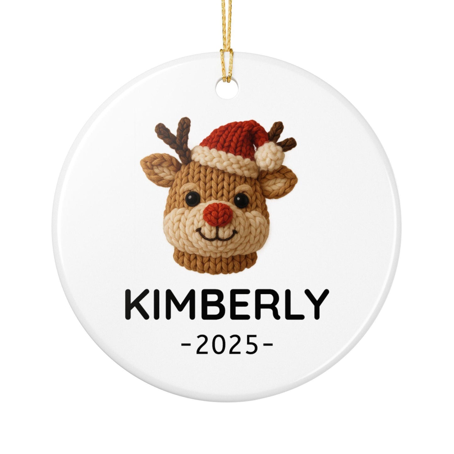 Personalized Reindeer Ceramic Ornament, Faux Yarn Pattern Ornament, Custom Name Christmas Gift, Cute Holiday Decor, 2025 Christmas Ornament
