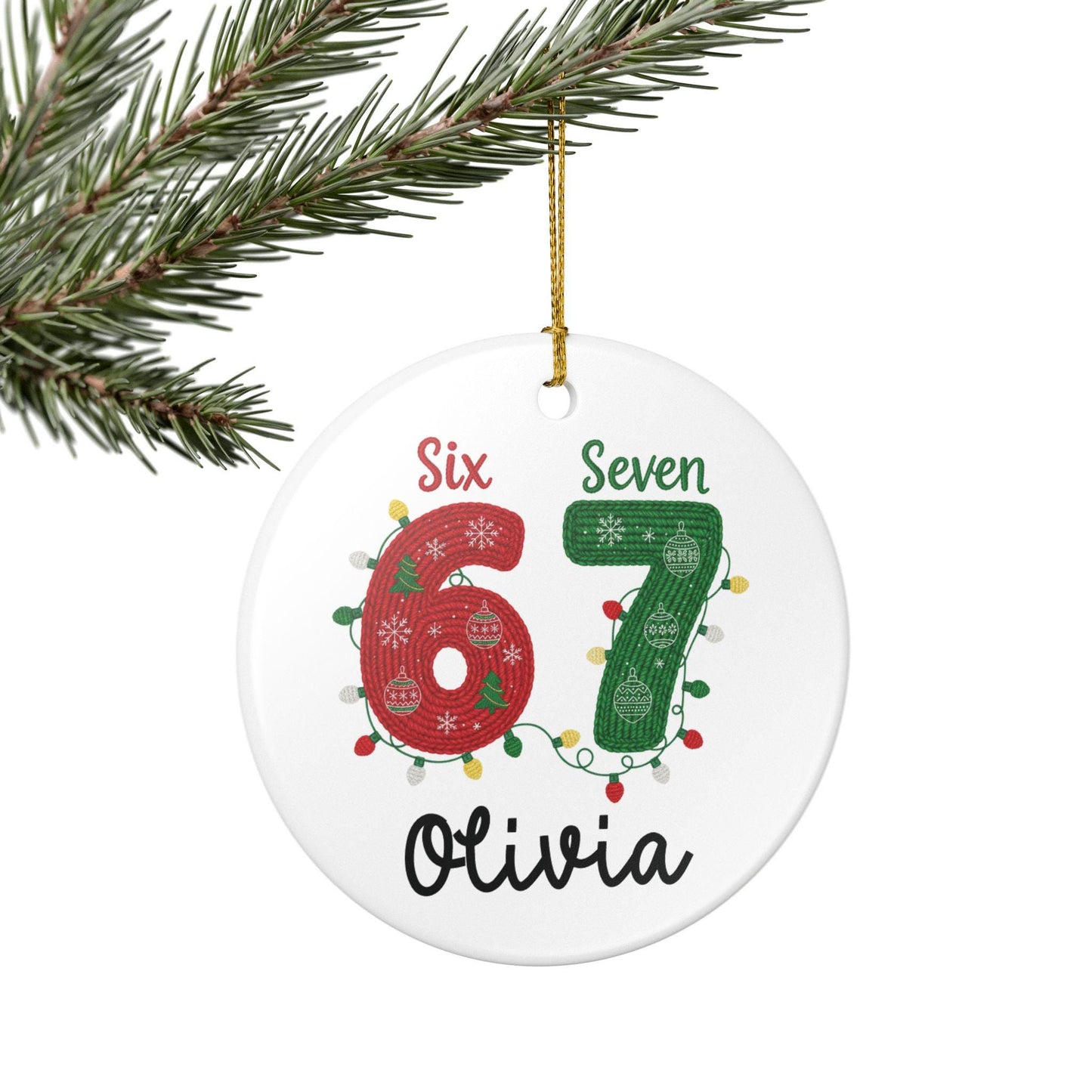 Personalized 67 Ornament, Faux Yarn pattern Ceramic Ornament, Christmas Ornament 2025, Gen Alpha Teen Slang Gift, Funny Teenager Gift