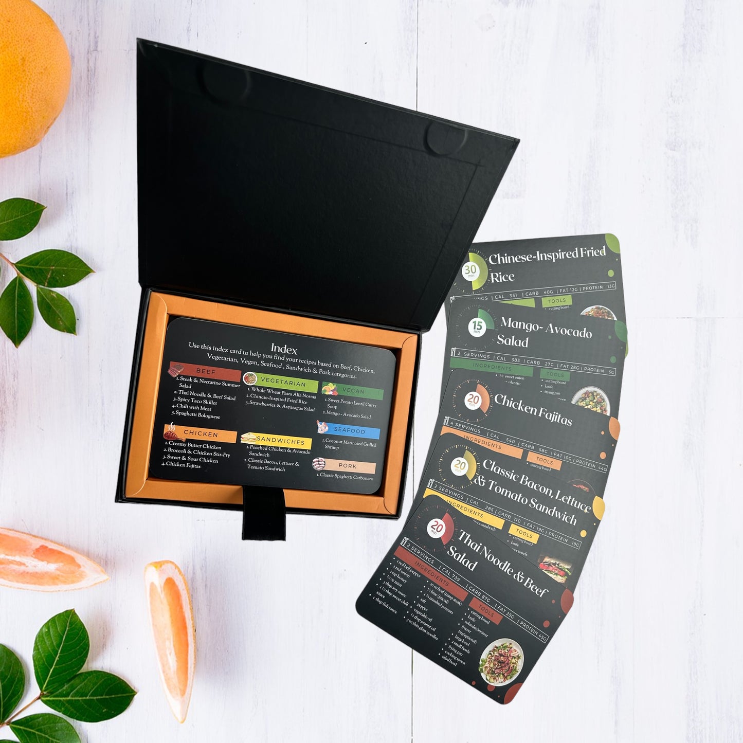 4x6 Double Sided Recipe cards and Box Set- 18 Meal Prep Cookbook flashcards & 17 Blank recipe cards and gift box set