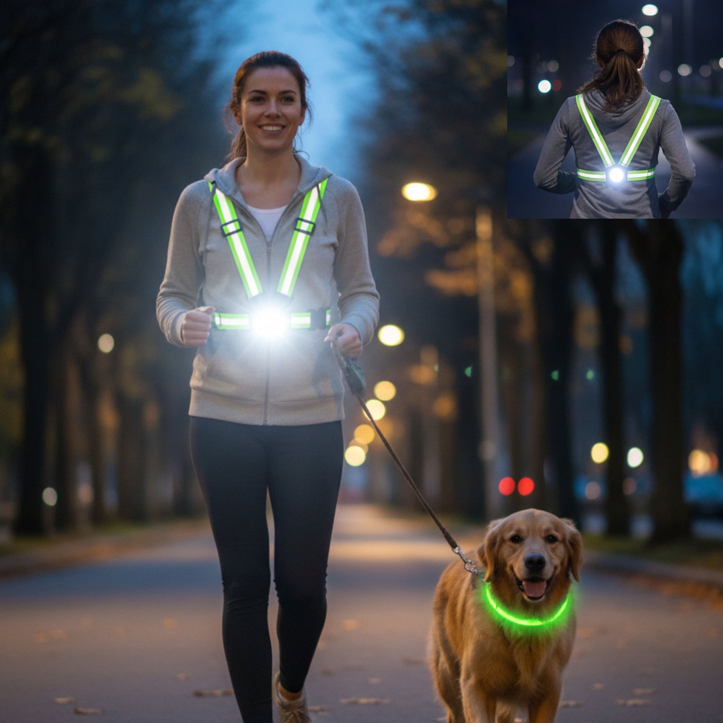 Ultimate Pet & Owner Safety Set: Reflective Vest with Headlight & LED Dog Collar, Dog Owner Gift
