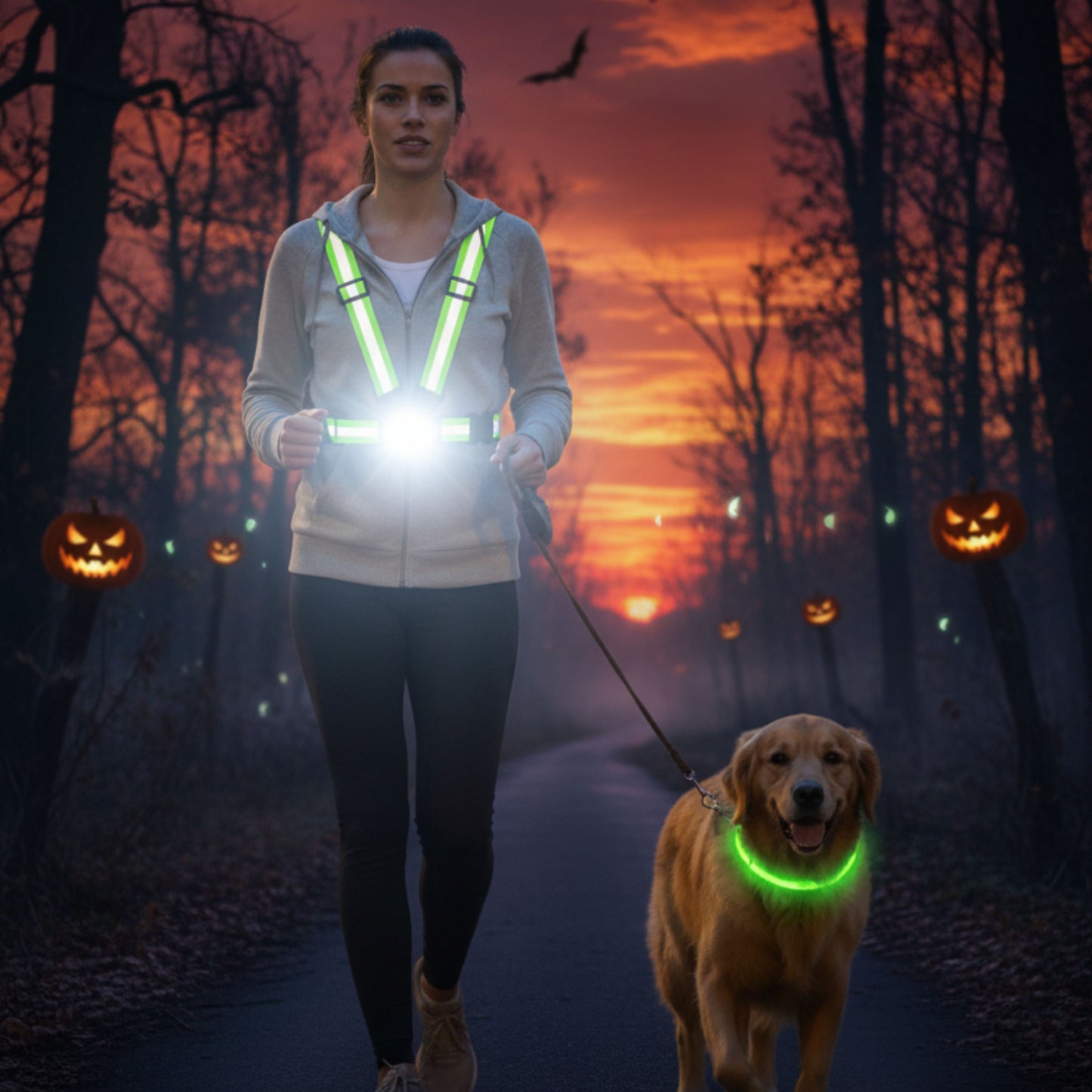 Ultimate Pet & Owner Safety Set: Reflective Vest with Headlight & LED Dog Collar, Dog Owner Gift
