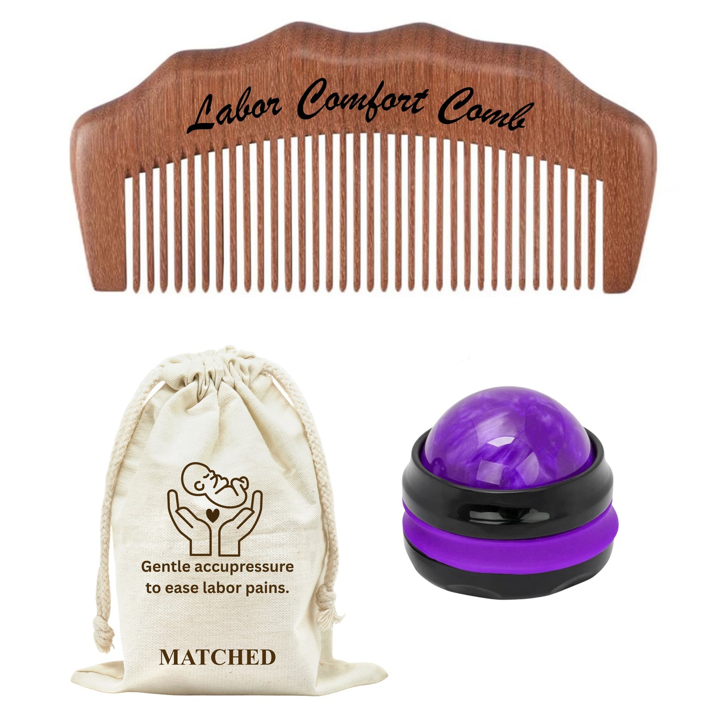 Labor Comfort Comb & Stress Relief Massage Ball- Wooden Labor comb for Pregnant Women, Delivery Essentials, Birthing Combs