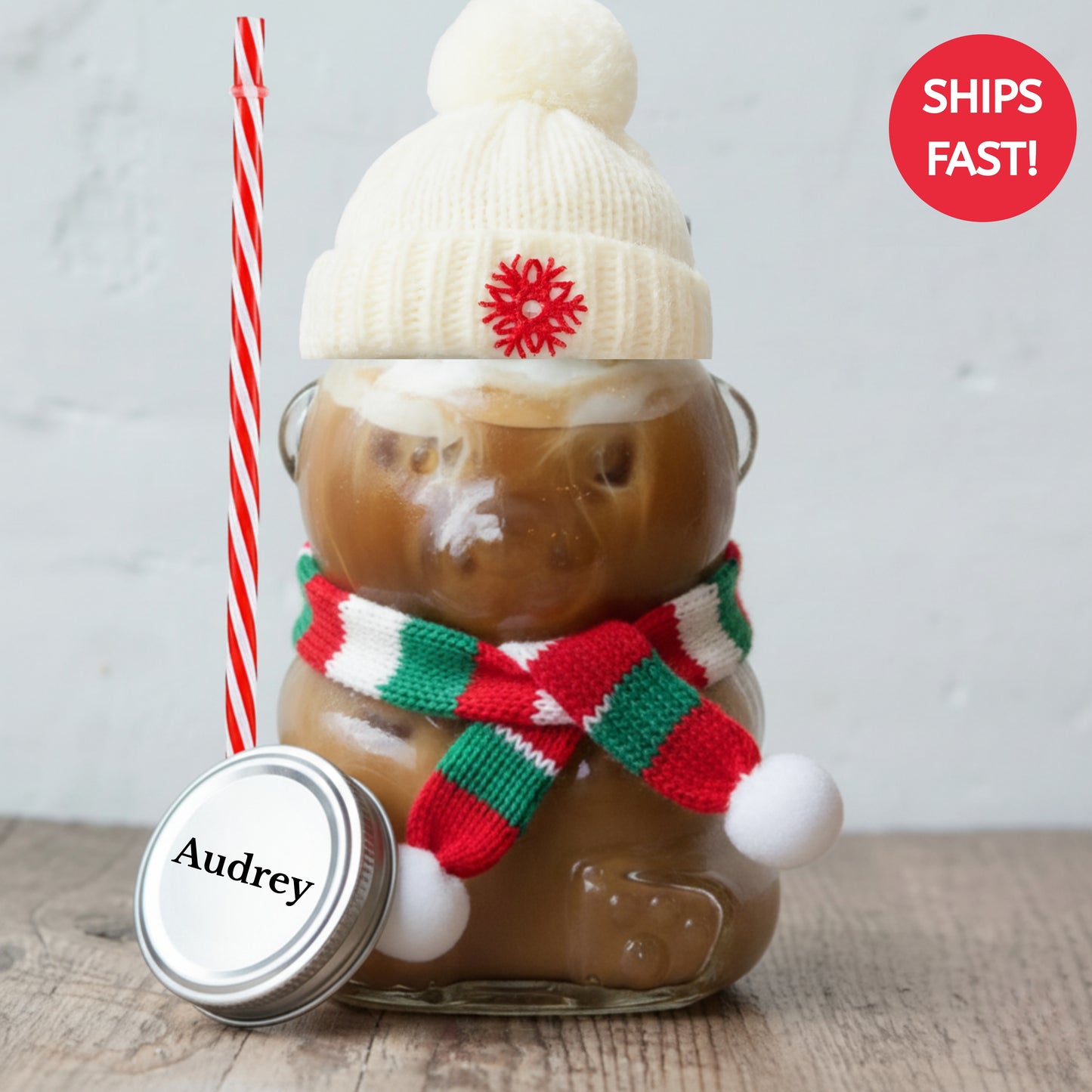 Custom Bear Shaped Coffee Cup, Personalized Bear Glass Mug with Custom Lid, Knit Hat & Scarf, Iced Coffee Cup with Straw for coffee lovers