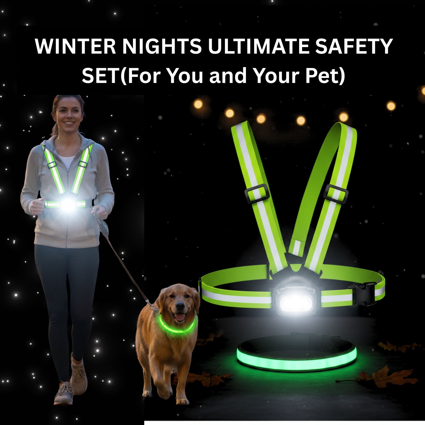 Ultimate Pet & Owner Safety Set: Reflective Vest with Headlight & LED Dog Collar, Dog Owner Gift