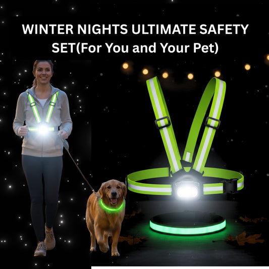 Ultimate Pet & Owner Safety Set: Reflective Vest with Headlight & LED Dog Collar, Dog Owner Gift