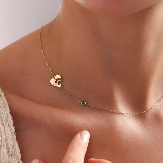 Personalized Paw Print Heart Necklace with Name & Birthstone – Custom Pet Lover Gift, Dog Cat Memorial Jewelry