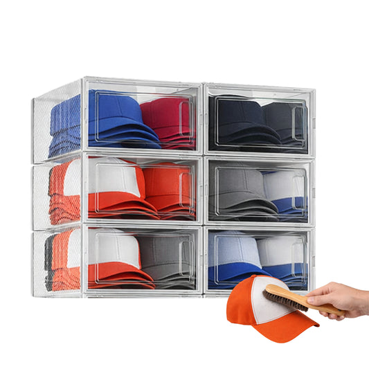 6 Pack Stackable Hat Organizers with Felt Hat Cleaning Brush | Clear Plastic Cap Storage Boxes 13.1x9.1x5.6 in + Horsehair Brush for Baseball & Cowboy Hat Dust Removal