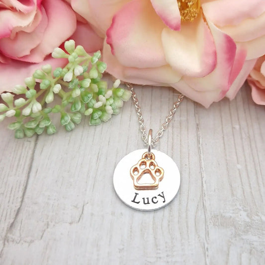 Custom Paw Print Name Necklace – Personalized Pet Memorial Jewelry, Dog Cat Lover Gift, Engraved Disc Pendant