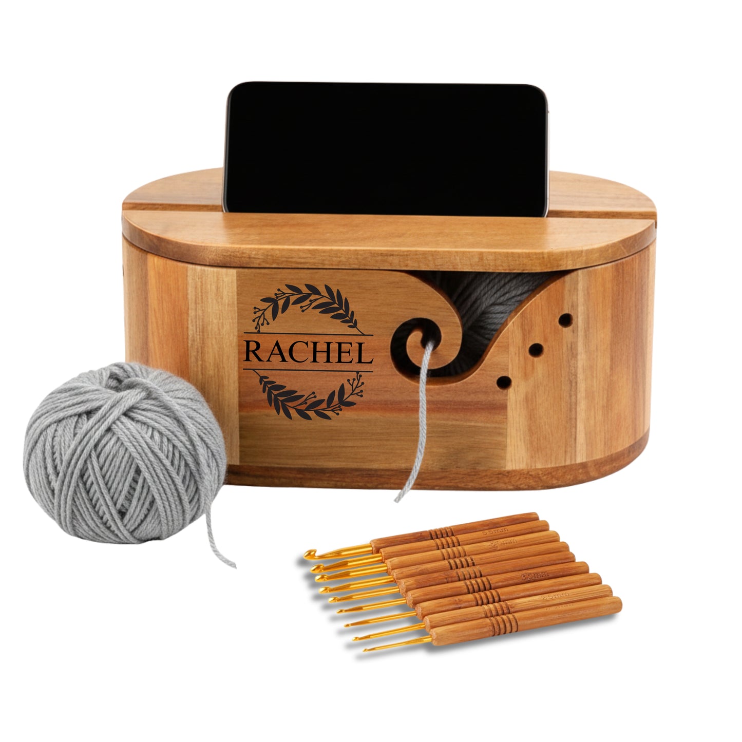 Personalized Yarn Bowl with Phone Holder, Wooden Crochet & Knitting Yarn Holder, Gift for Yarn Lovers, Crochet Accessories, Yarn Organizer