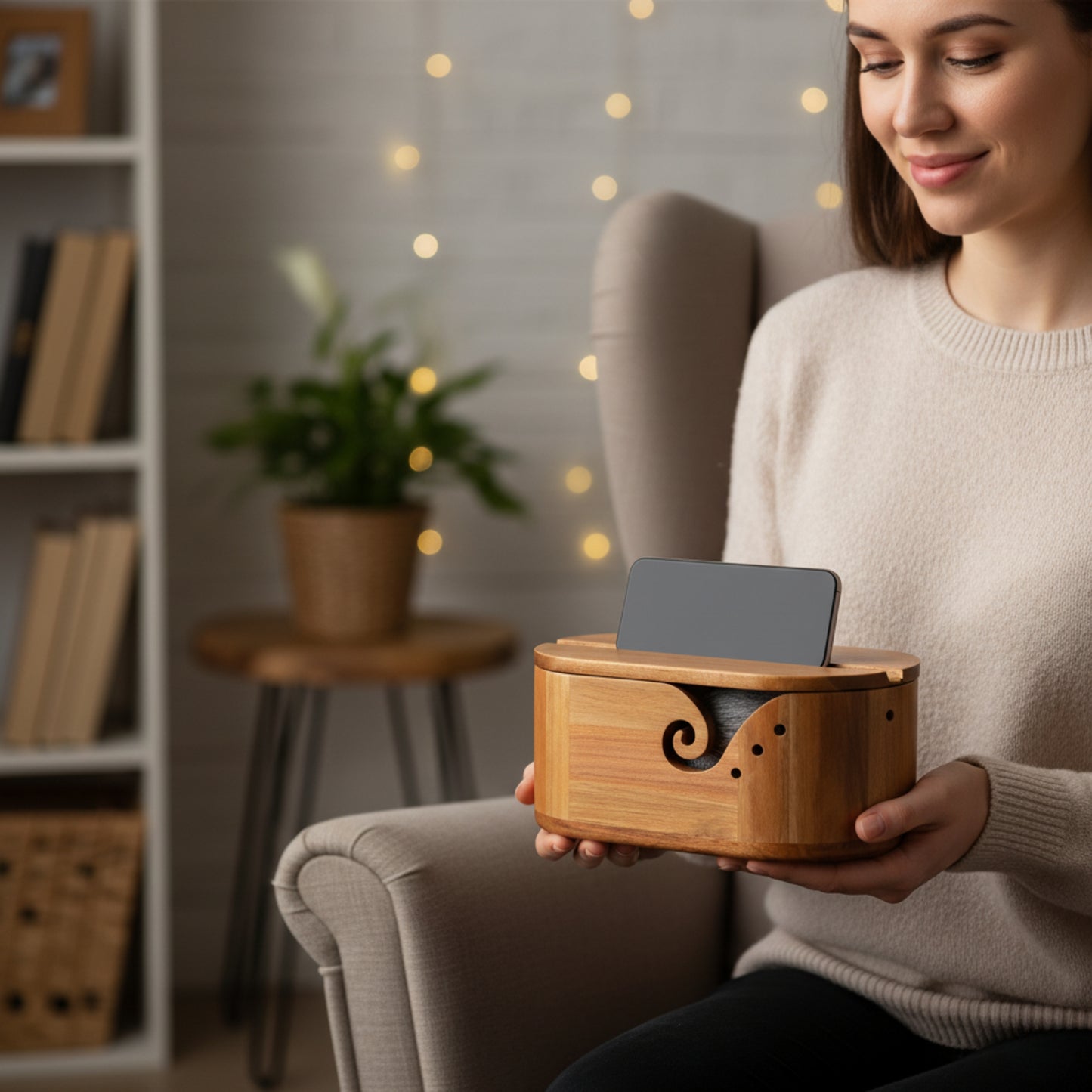 Personalized Yarn Bowl with Phone Holder, Wooden Crochet & Knitting Yarn Holder, Gift for Yarn Lovers, Crochet Accessories, Yarn Organizer