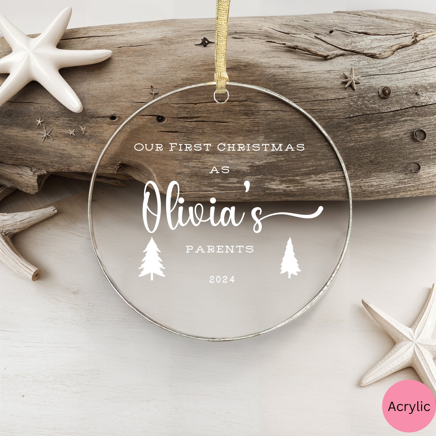 Personalized glass ornament, Baby's first christmas ornament, personalized gift for first time mom and dad, acrylic ornament christmas tree