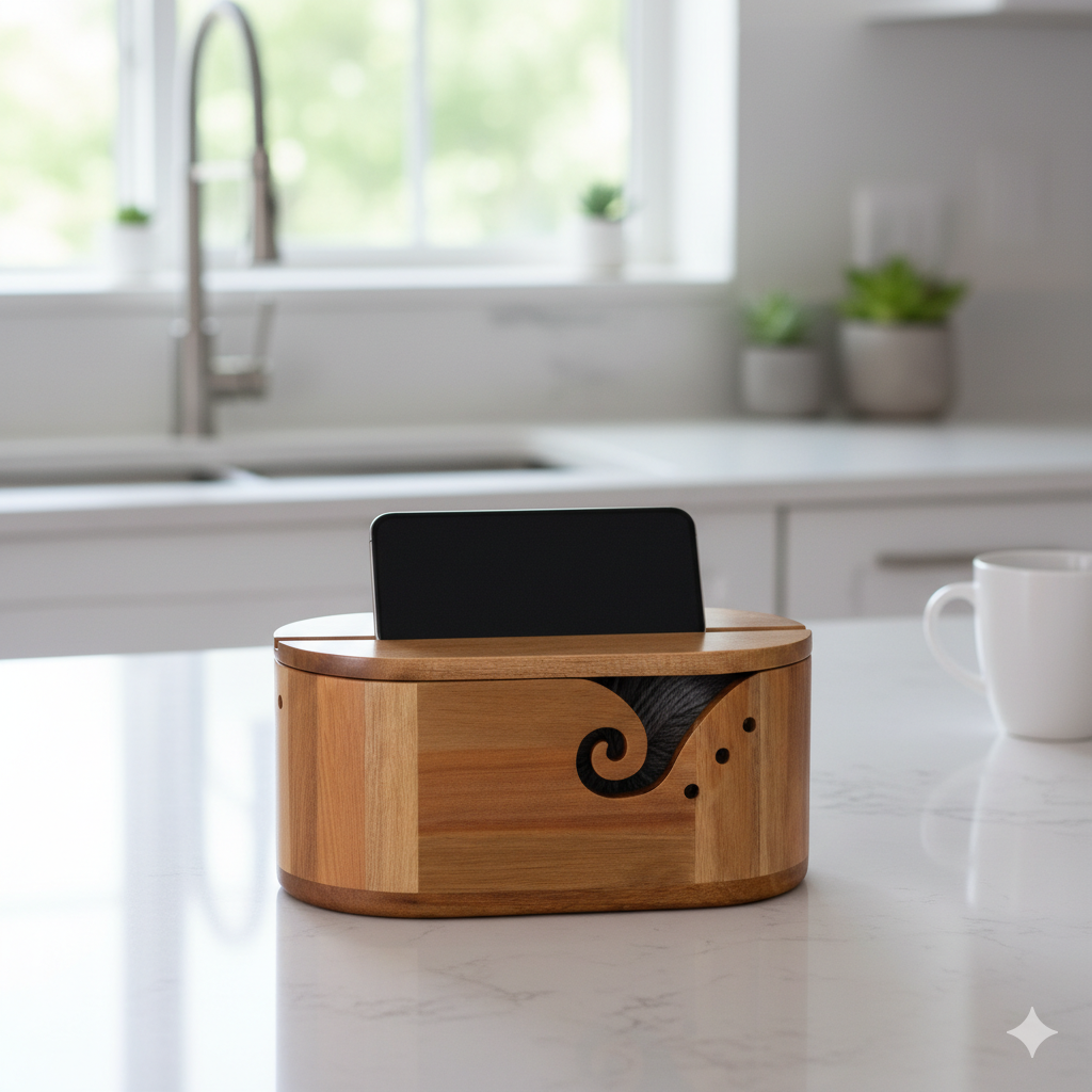 Personalized Yarn Bowl with Phone Holder, Wooden Crochet & Knitting Yarn Holder, Gift for Yarn Lovers, Crochet Accessories, Yarn Organizer