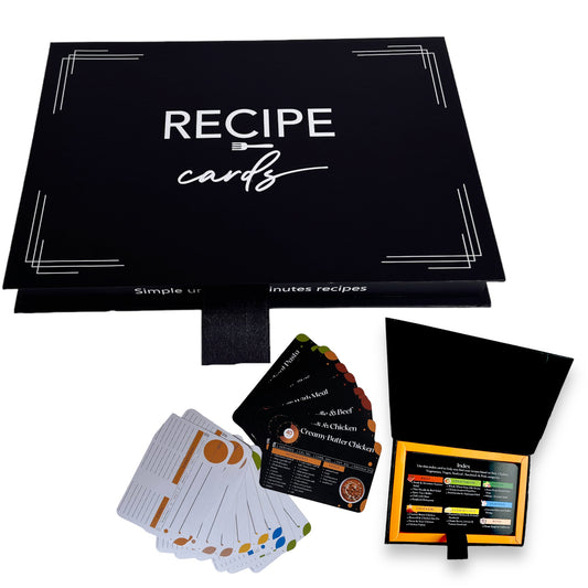 GIFTABLE 4x6 Double Sided Recipe cards and Box Kitchen Set- 18 Double Sided Meal Prep Cookbook flashcards & 17 Blank recipe cards and gift box set
