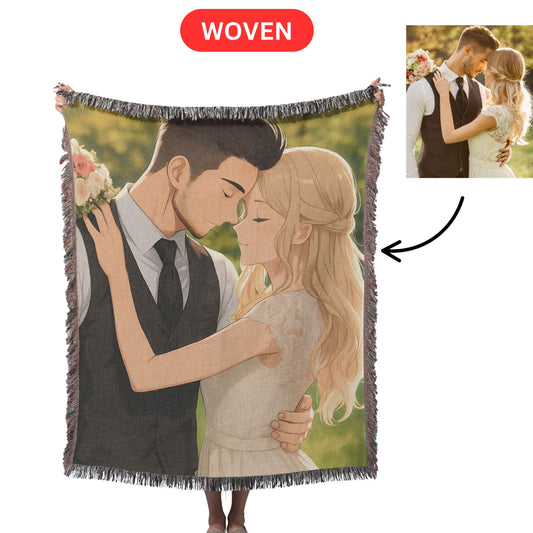 Custom Cartoon Portrait Woven Blanket, Photo Blanket tapestry, Photo to Cartoon Throw Blanket, Custom Gift Married Couple, Wedding Gift